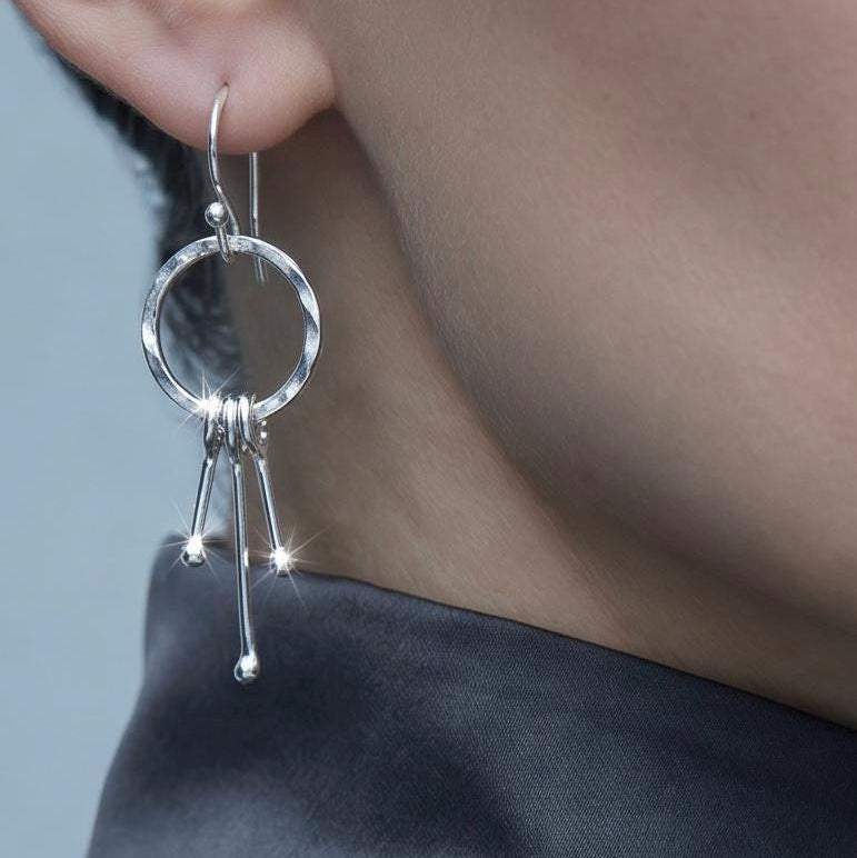 Handcrafted Argentium Silver Hoop Earrings, Unique Artisan Hammered Tassel Dangles with Kinetic Ball Drops