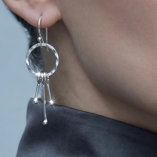 Handcrafted Argentium Silver Hoop Earrings, Unique Artisan Hammered Tassel Dangles with Kinetic Ball Drops