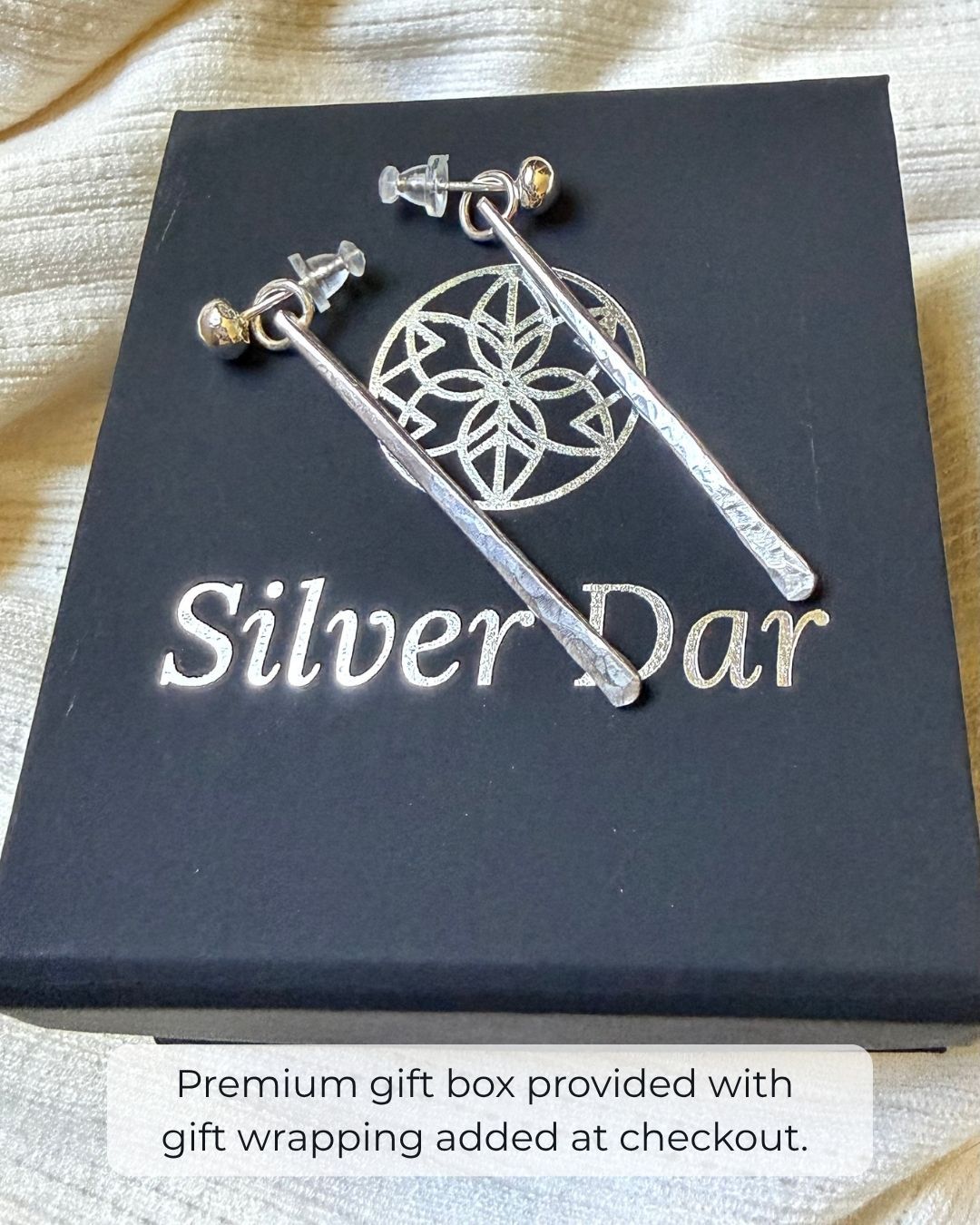 ARGENTIUM SILVER HAMMERED LONG BAR EAR JACKET EARRINGS WITH SOLID BALL POSTS