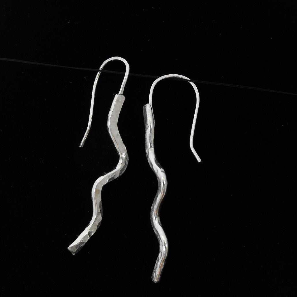 Handcrafted Argentium Silver Hammered Wave Earrings, Bohemian Hypoallergenic Jewelry