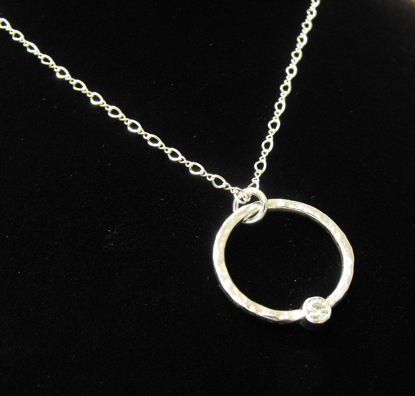 Handcrafted Sterling Silver and Moissanite Necklace, Hammered Silver Artisan Jewelry