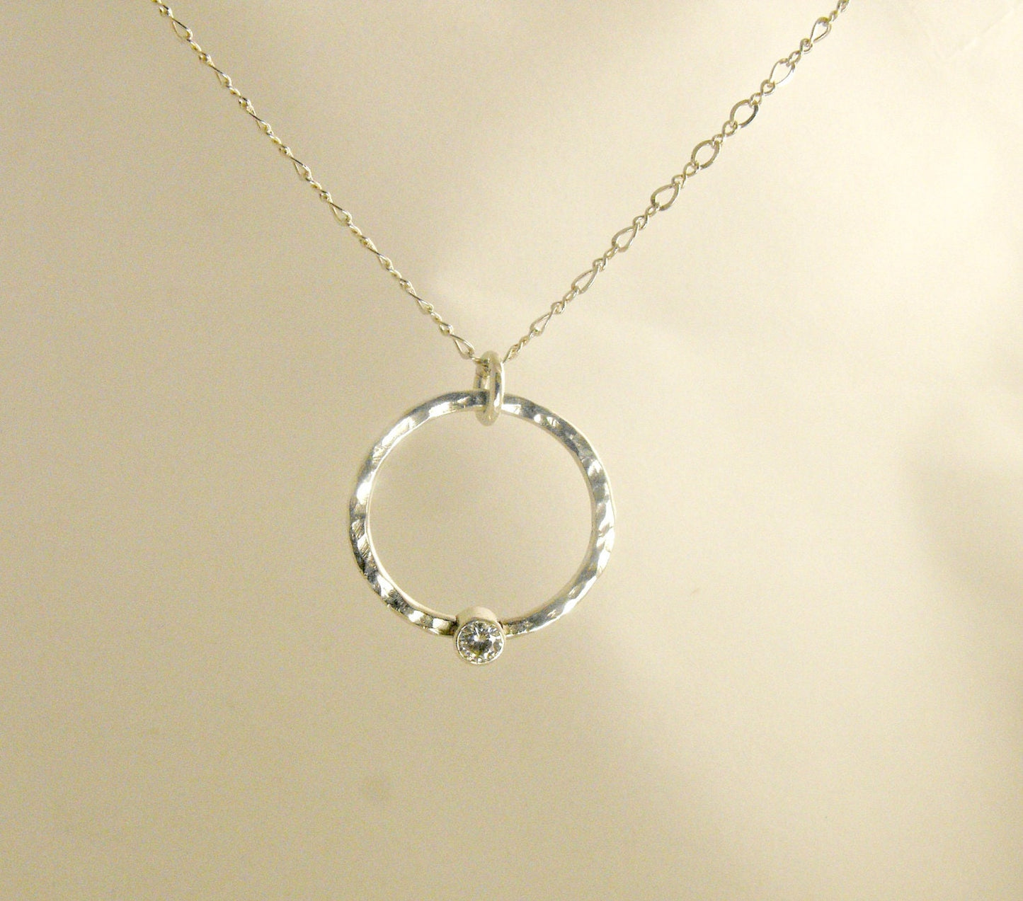 Handcrafted Sterling Silver and Moissanite Necklace, Hammered Silver Artisan Jewelry