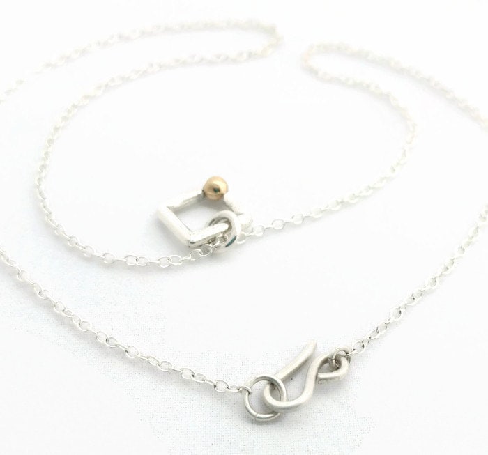 Handcrafted Argentium Silver Square Charm Necklace with Gold Ball Accent