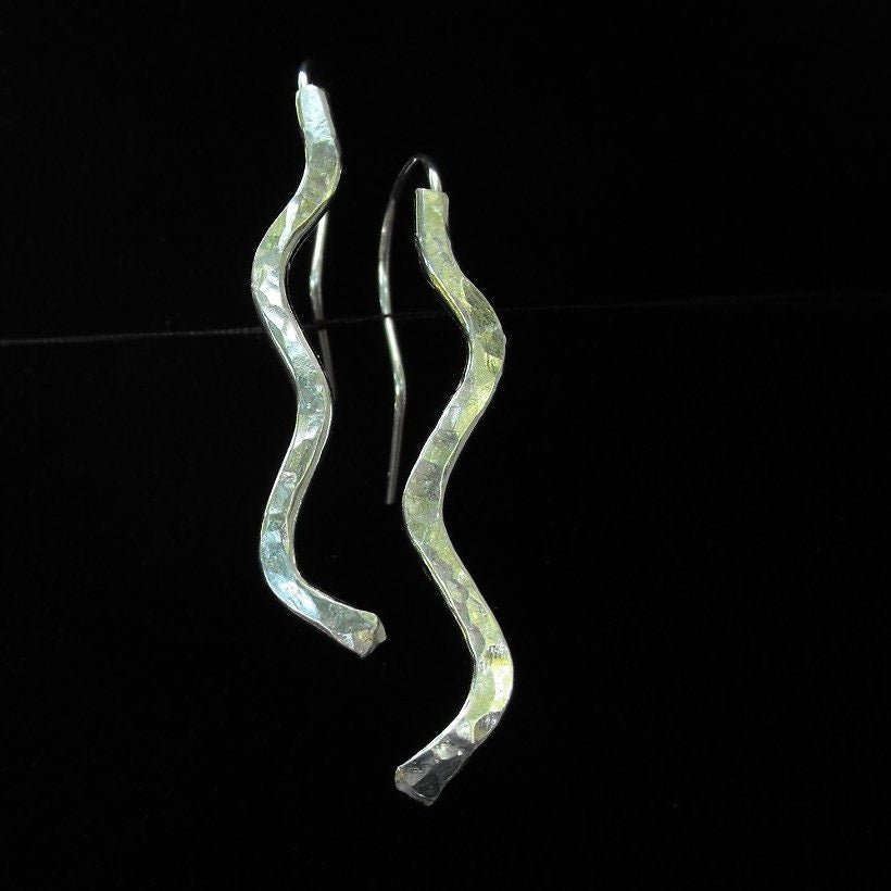 Hammered Argentium Silver Wave Earrings, Modern Hypoallergenic and Tarnish Resistant Jewelry