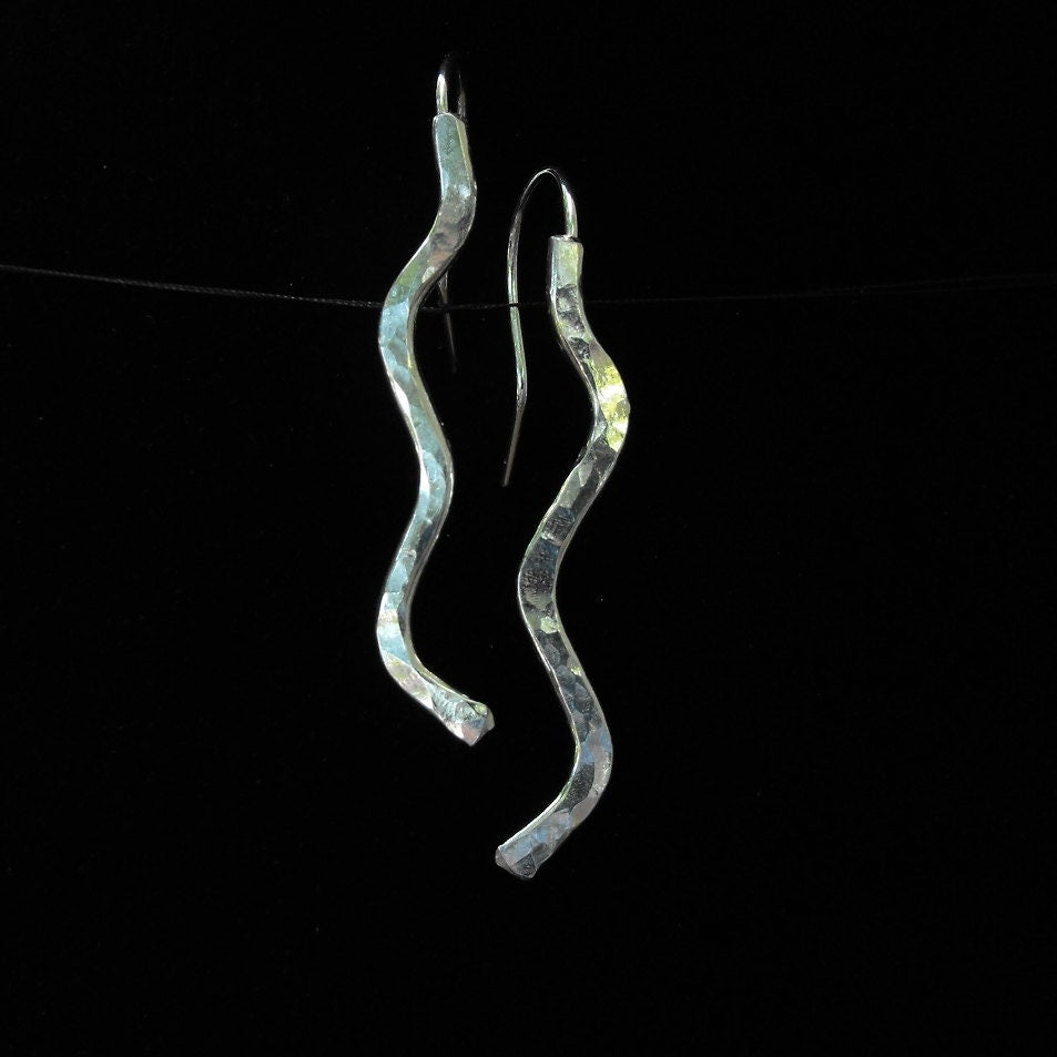 Hammered Argentium Silver Wave Earrings, Modern Hypoallergenic and Tarnish Resistant Jewelry