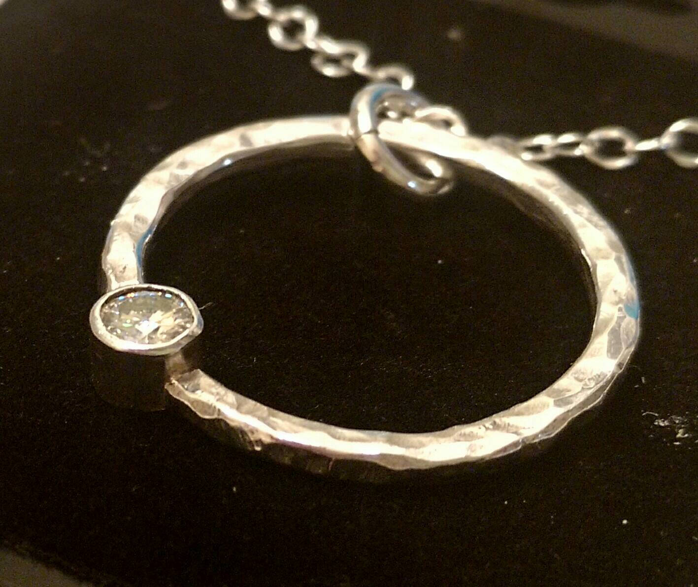 Handcrafted Sterling Silver and Moissanite Necklace, Hammered Silver Artisan Jewelry
