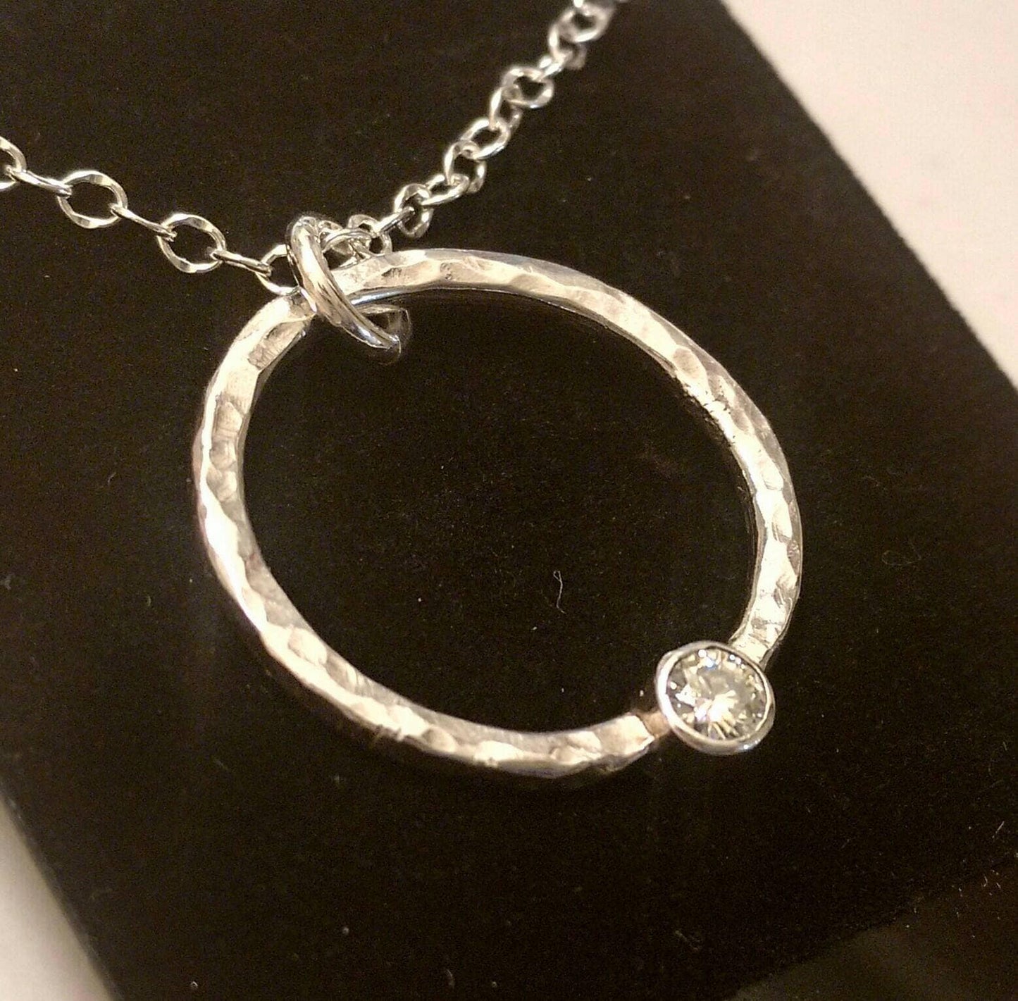 Handcrafted Sterling Silver and Moissanite Necklace, Hammered Silver Artisan Jewelry