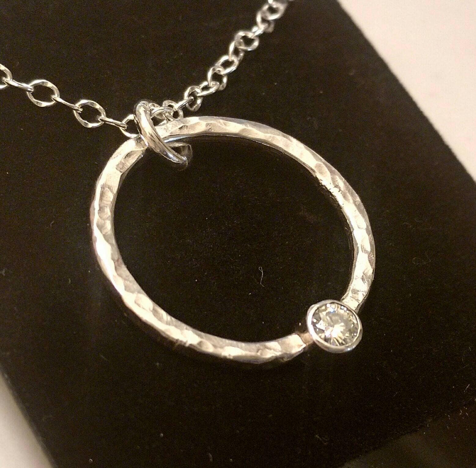 Handcrafted Sterling Silver and Moissanite Necklace, Hammered Silver Artisan Jewelry