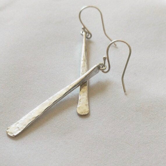 Hammered Argentium Silver Bar Earrings, Modern Hypoallergenic and Tarnish Resistant Jewelry