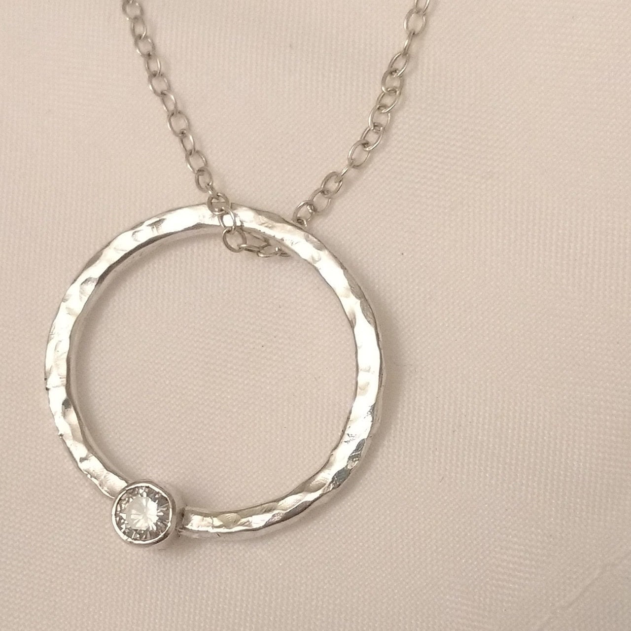 Handcrafted Sterling Silver and Moissanite Necklace, Hammered Silver Artisan Jewelry