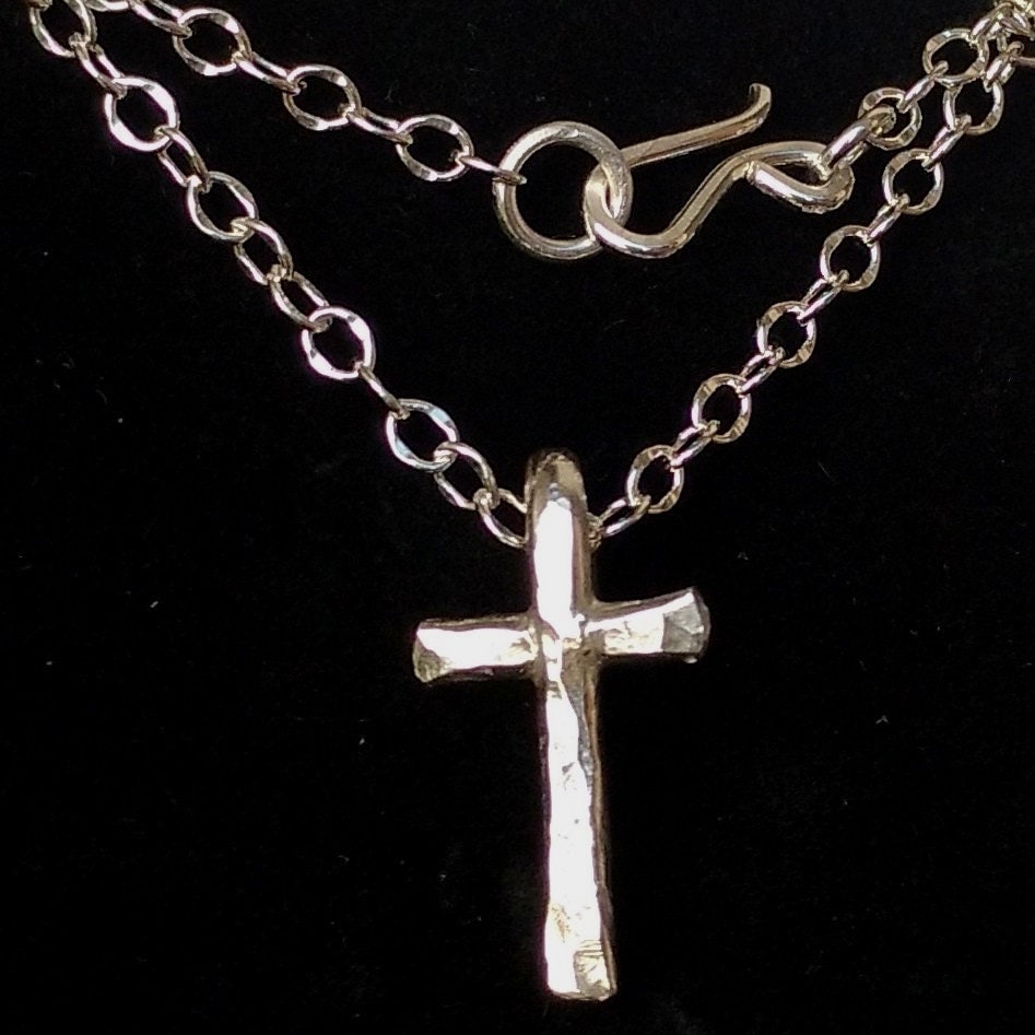Handcrafted Mens Argentium Silver Cross Necklace, Hammered Texture, Tarnish Resistant Jewelry