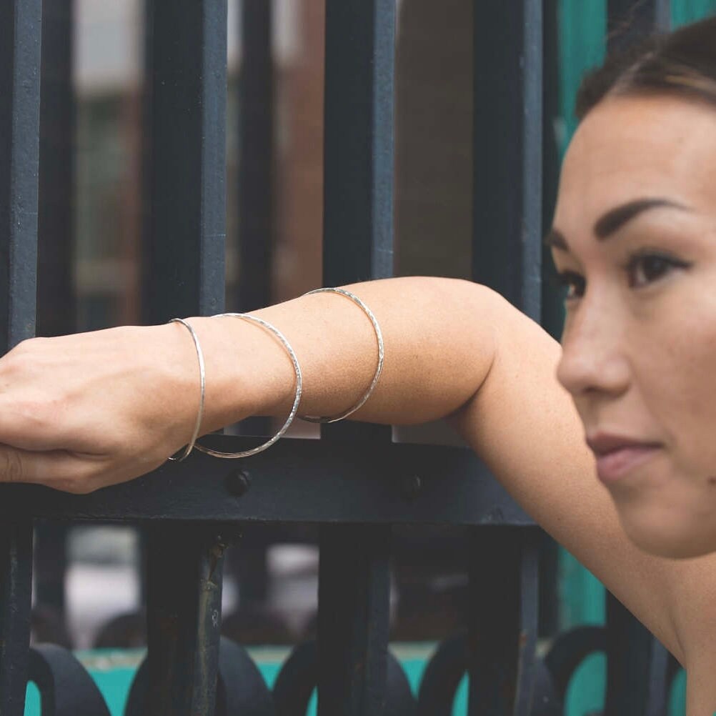 Set of Three Hammered Argentium Silver Bangles, Minimalist Stacking Bracelets