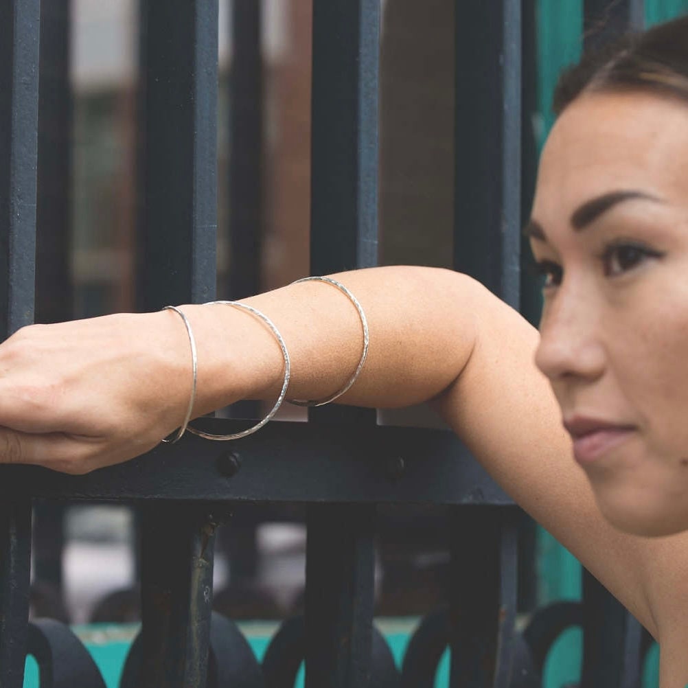 Set of Three Hammered Argentium Silver Bangles, Minimalist Stacking Bracelets