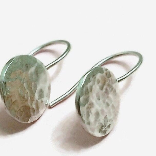 A pair of Hypoallergenic Argentium Sterling Silver Small Hammered Circle Disc Drop Earrings For Every Day Wear