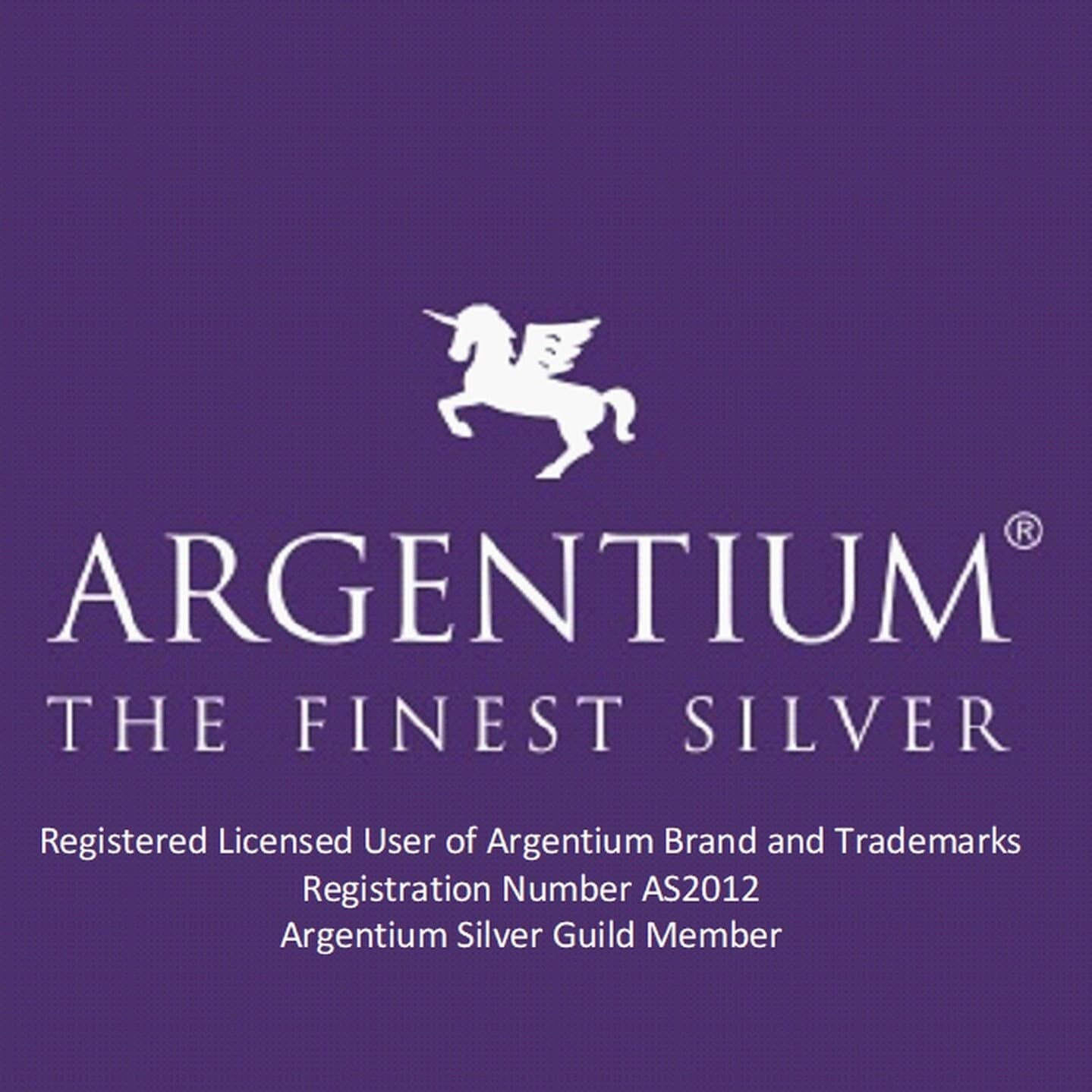 The Argentium silver Unicorn logo with the tag of Argentium, the Finest Silver.  Registered Licensed User of Argentium Brand and Trademarks, Registration number AS2012, Argentium Silver Guild Member.
