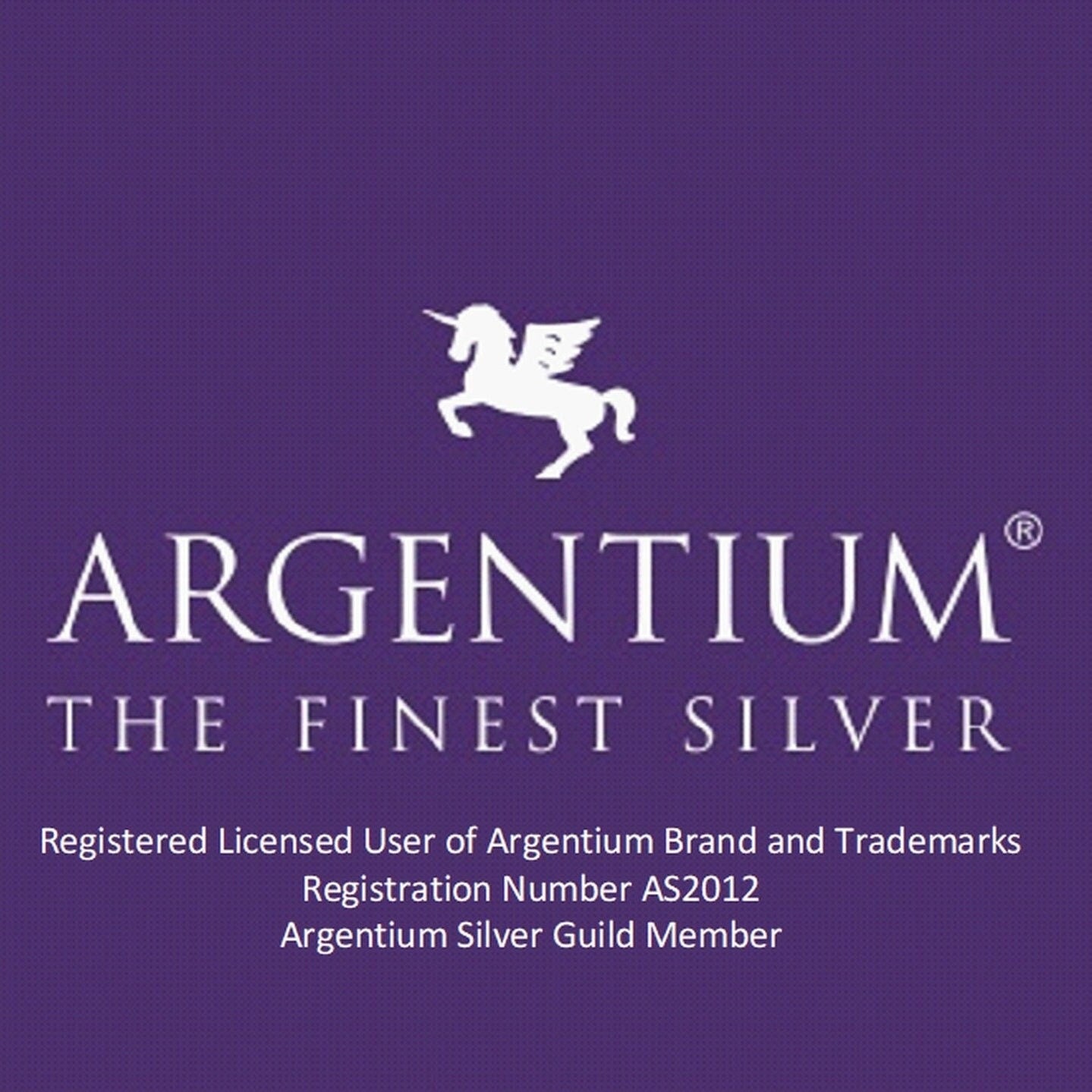 The Argentium silver Unicorn logo with the tag of Argentium, the Finest Silver.  Registered Licensed User of Argentium Brand and Trademarks, Registration number AS2012, Argentium Silver Guild Member.