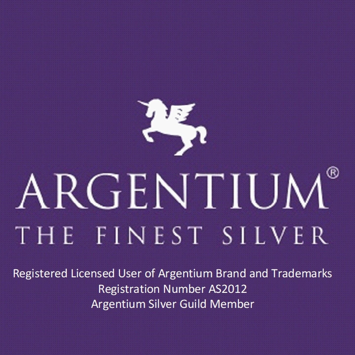 The Argentium silver Unicorn logo with the tag of Argentium, the Finest Silver.  Registered Licensed User of Argentium Brand and Trademarks, Registration number AS2012, Argentium Silver Guild Member.