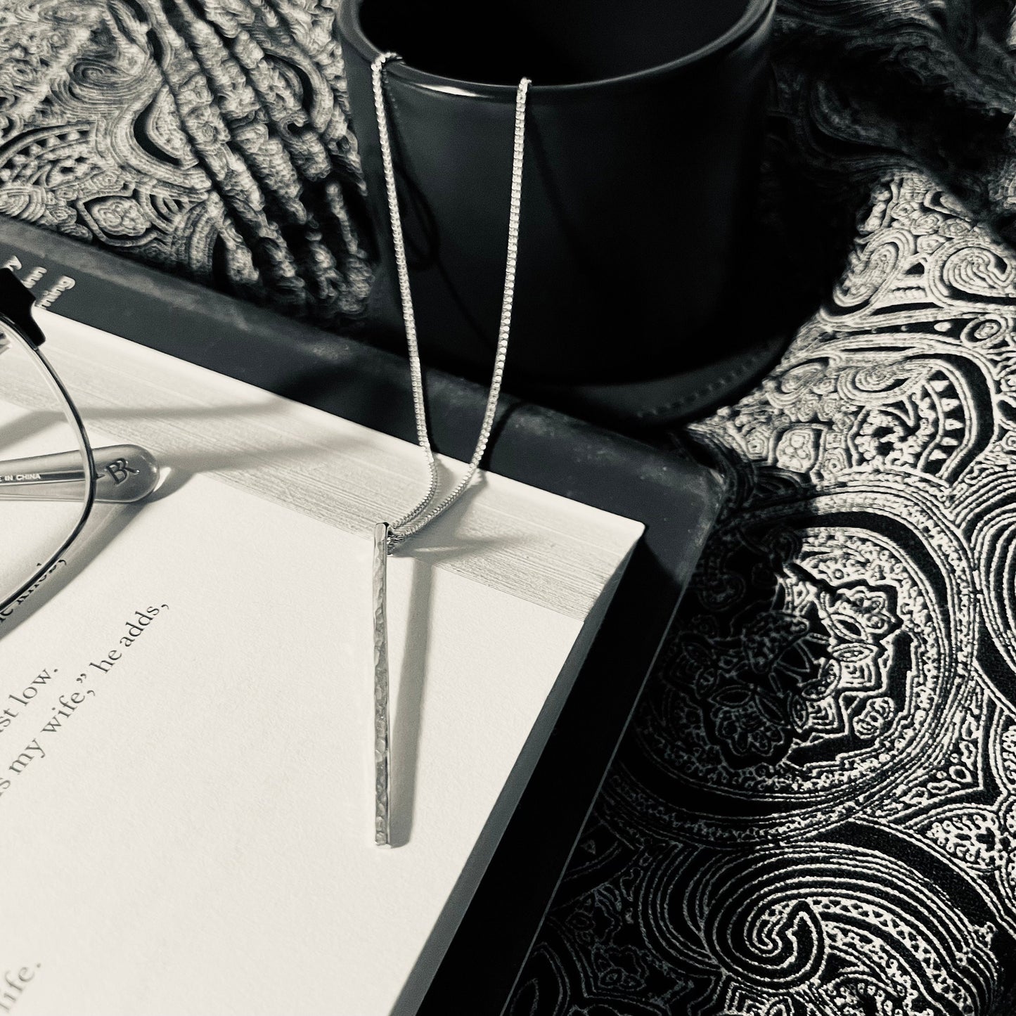 Handcrafted Argentium Silver Bar Necklace, Hammer Textured Minimalist Jewelry