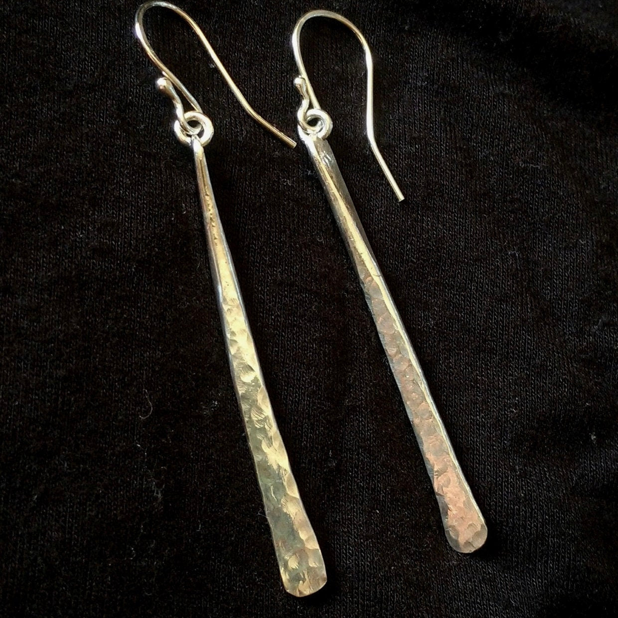 Hypoallergenic Argentium Sterling Silver Long Hammered Bar Drop Earrings For Every Day Wear