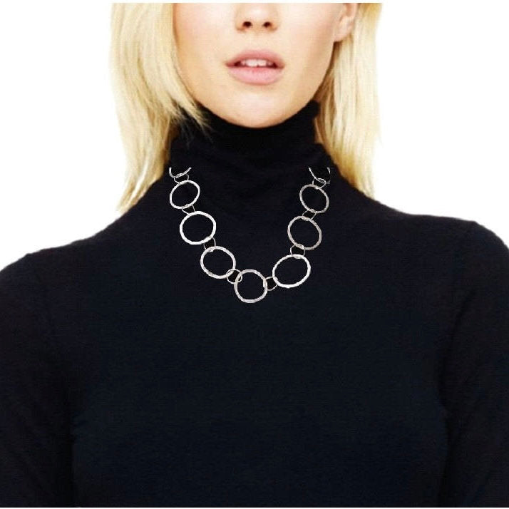 Handmade Argentium Silver Chunky Hammered Hoops Necklace, Tarnish Resistant Jewelry