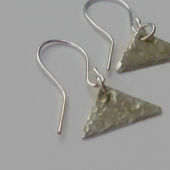 Hammered Argentium Silver Triangle Dangle Earrings, Minimalist Hypoallergenic Jewelry