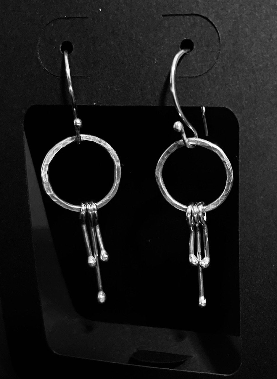 Handcrafted Argentium Silver Hoop Earrings, Unique Artisan Hammered Tassel Dangles with Kinetic Ball Drops