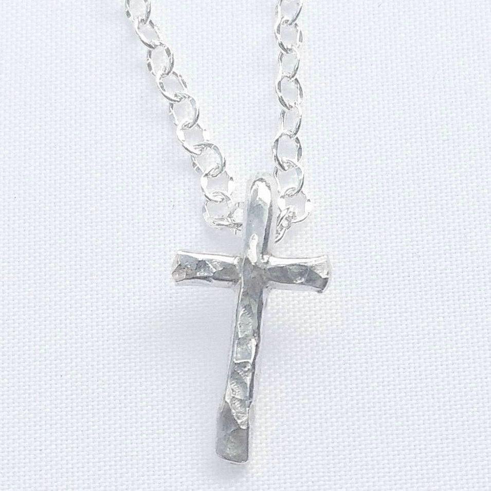 Handcrafted Mens Argentium Silver Cross Necklace, Hammered Texture, Tarnish Resistant Jewelry