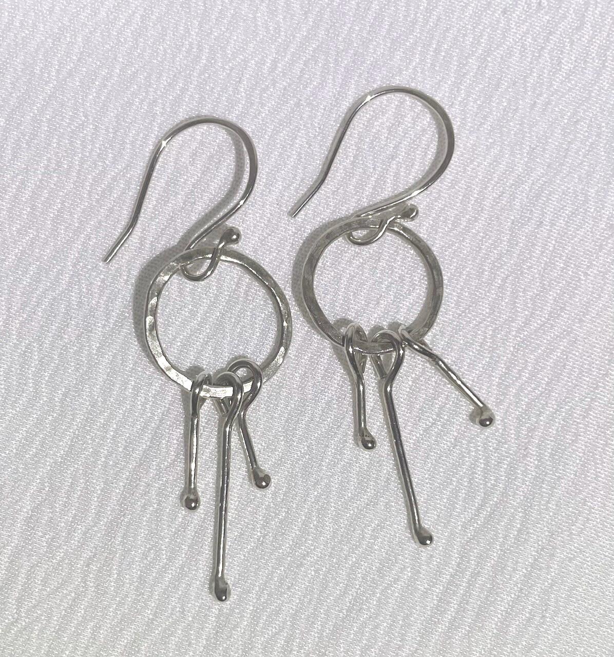 Handcrafted Argentium Silver Hoop Earrings, Unique Artisan Hammered Tassel Dangles with Kinetic Ball Drops