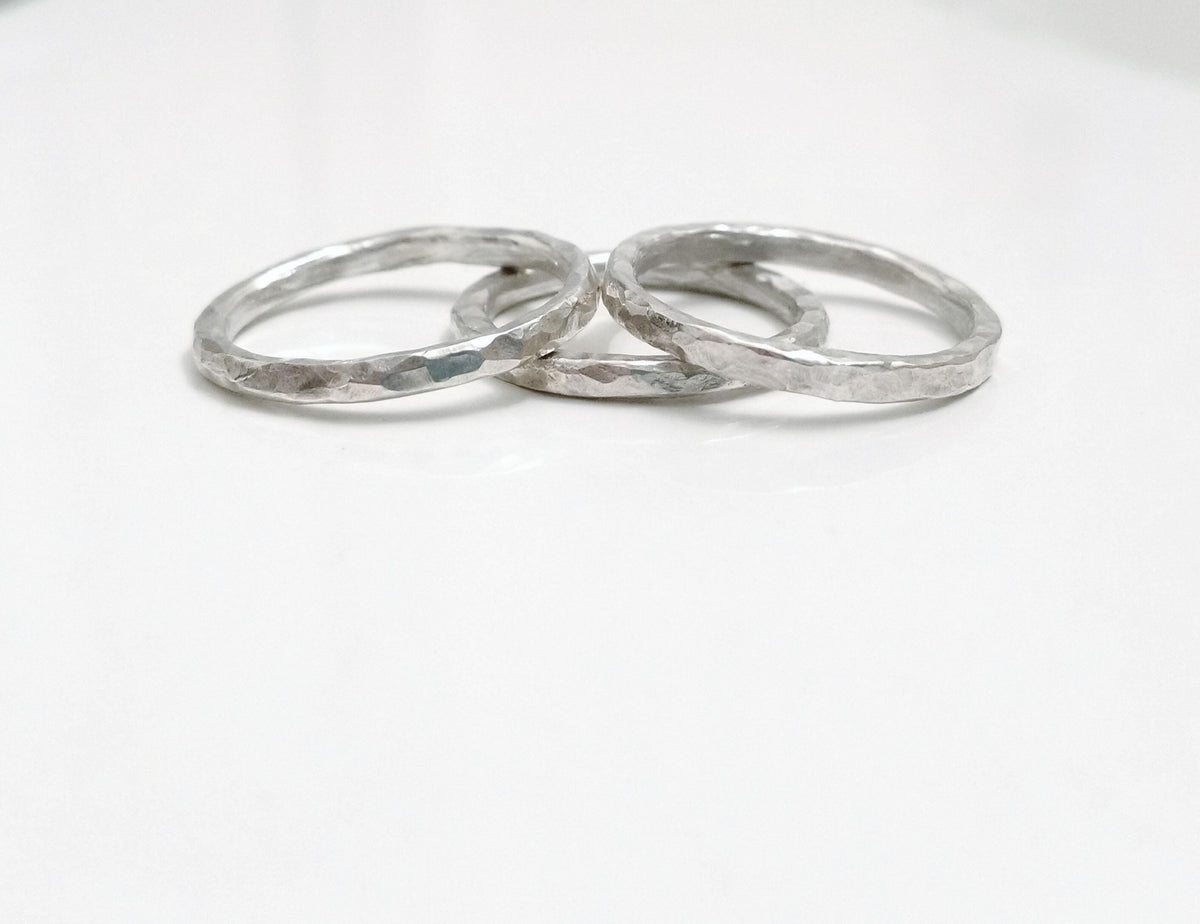 Handcrafted Hammered Argentium Silver Stacking Rings, Hypoallergenic Tarnish Resistant Set