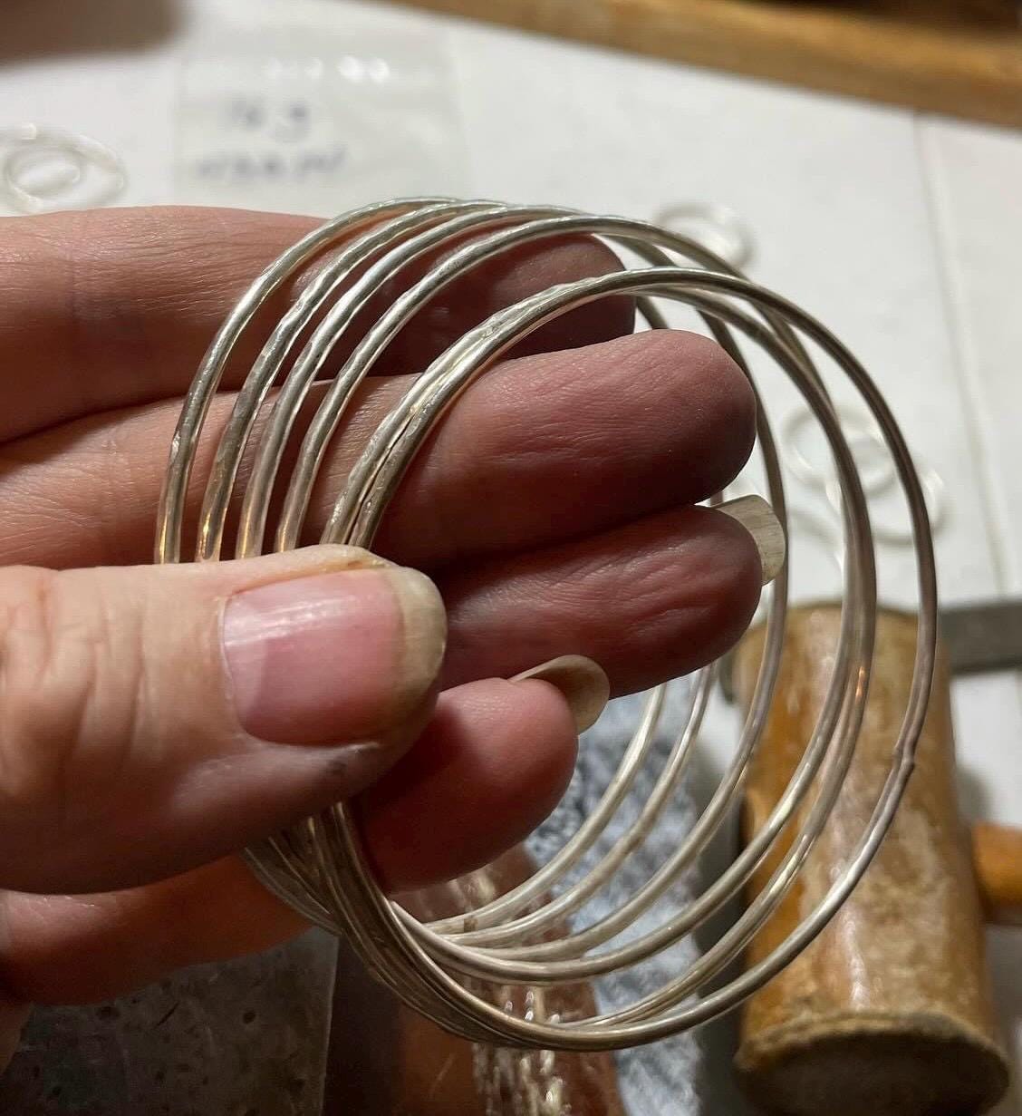 Set of Three Hammered Argentium Silver Bangles, Minimalist Stacking Bracelets