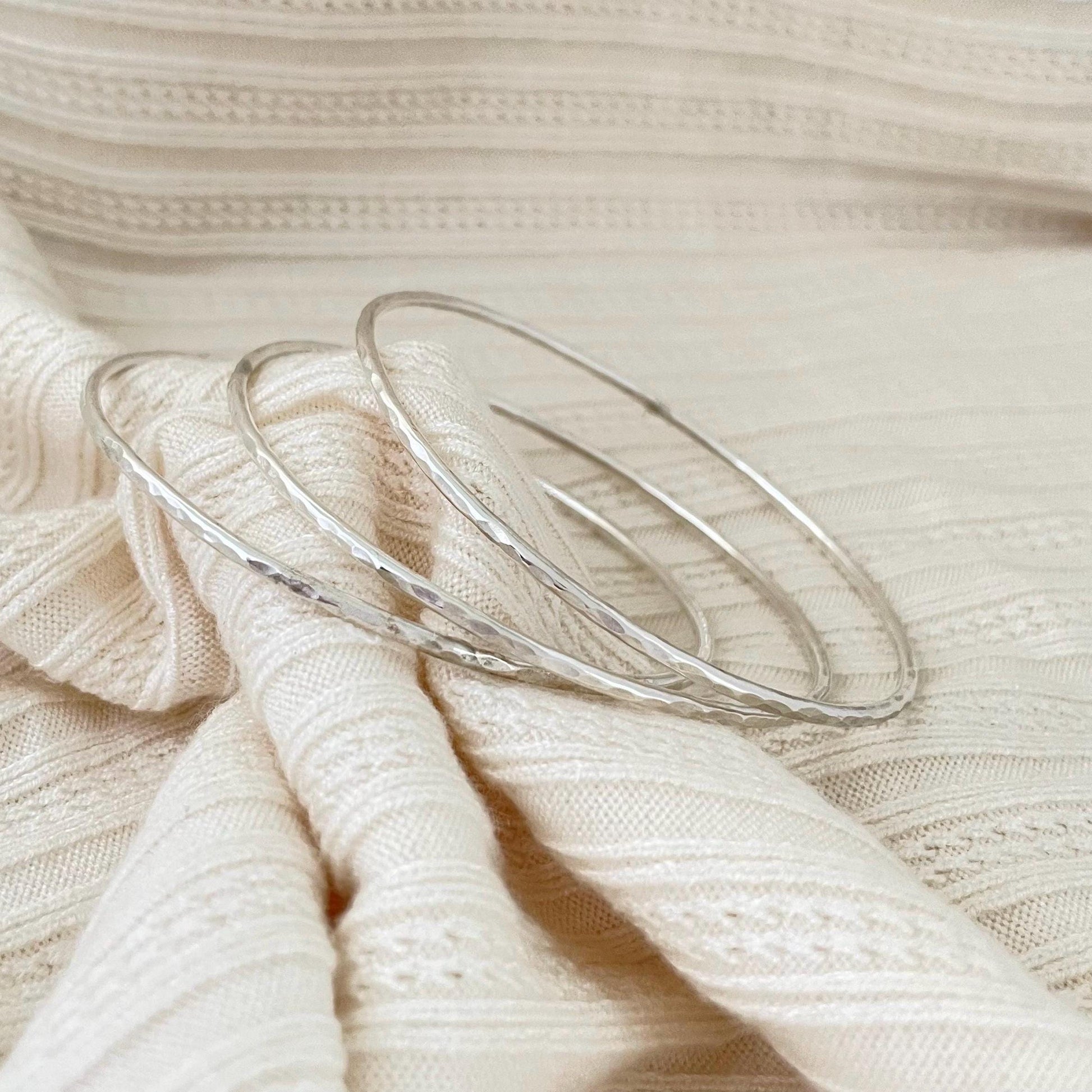 Set of Three Hammered Argentium Silver Bangles, Minimalist Stacking Bracelets