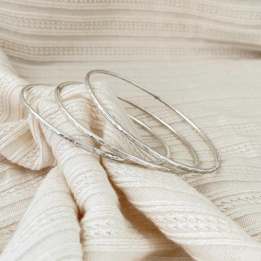 Set of Three Hammered Argentium Silver Bangles, Minimalist Stacking Bracelets