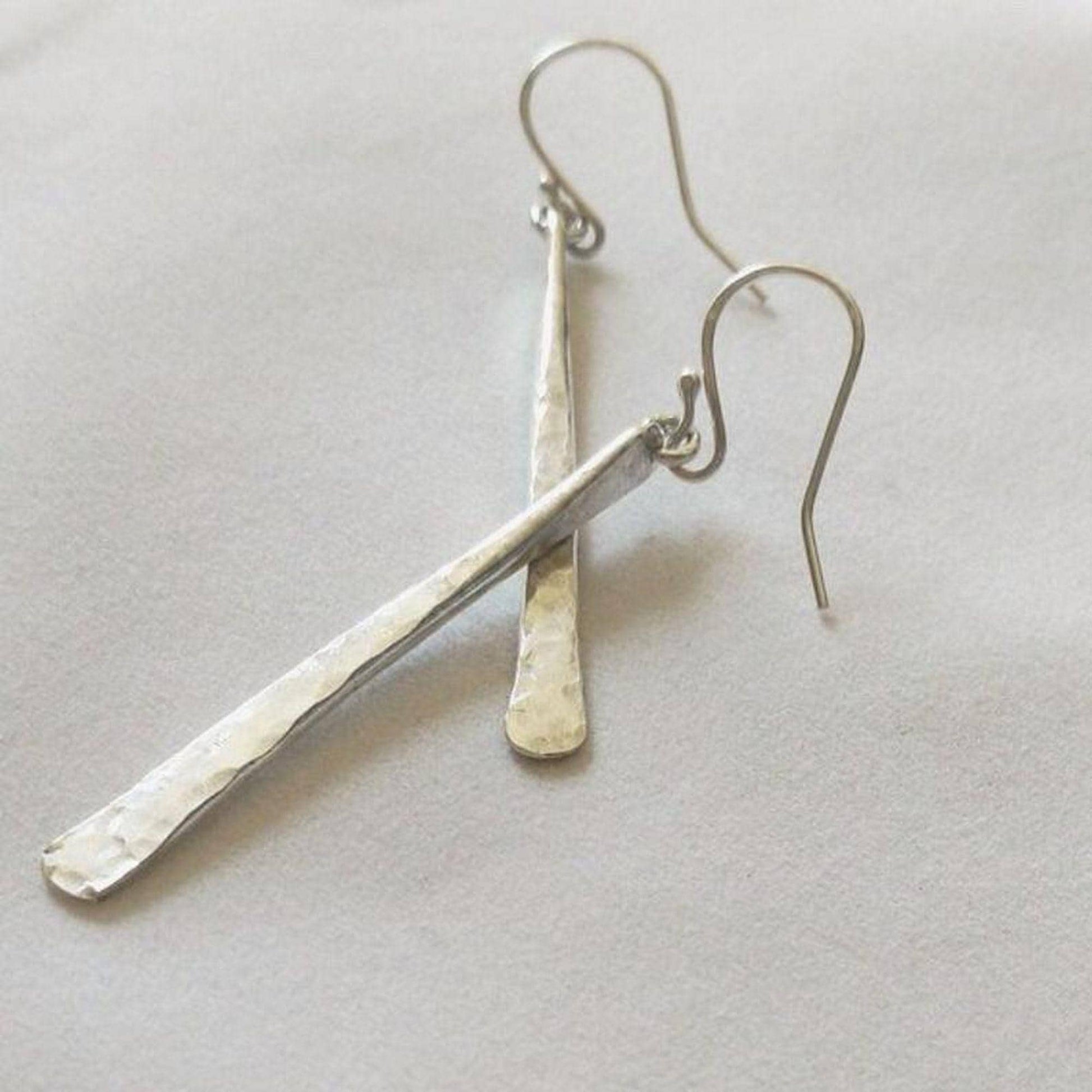 Hammered Argentium Silver Long Bar Earrings, Hypoallergenic Drop, Modern Tarnish Resistant Jewelry