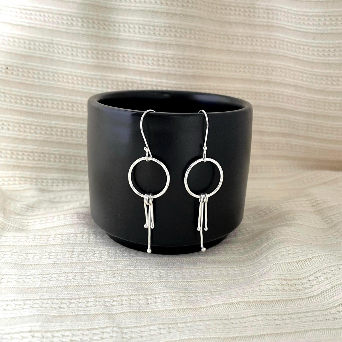 Handcrafted Argentium Silver Hoop Earrings, Unique Artisan Hammered Tassel Dangles with Kinetic Ball Drops