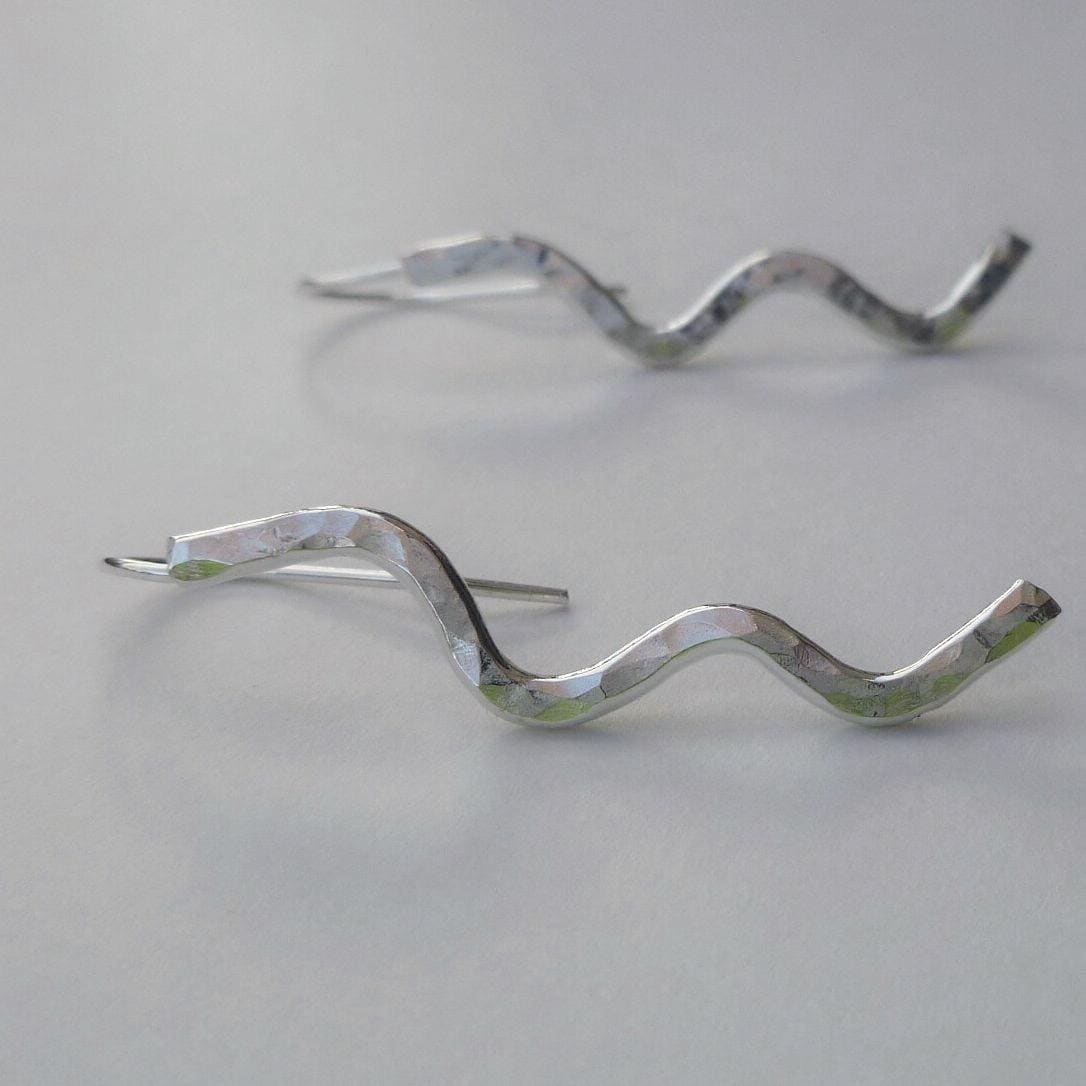Handcrafted Argentium Silver Hammered Wave Earrings, Bohemian Hypoallergenic Jewelry