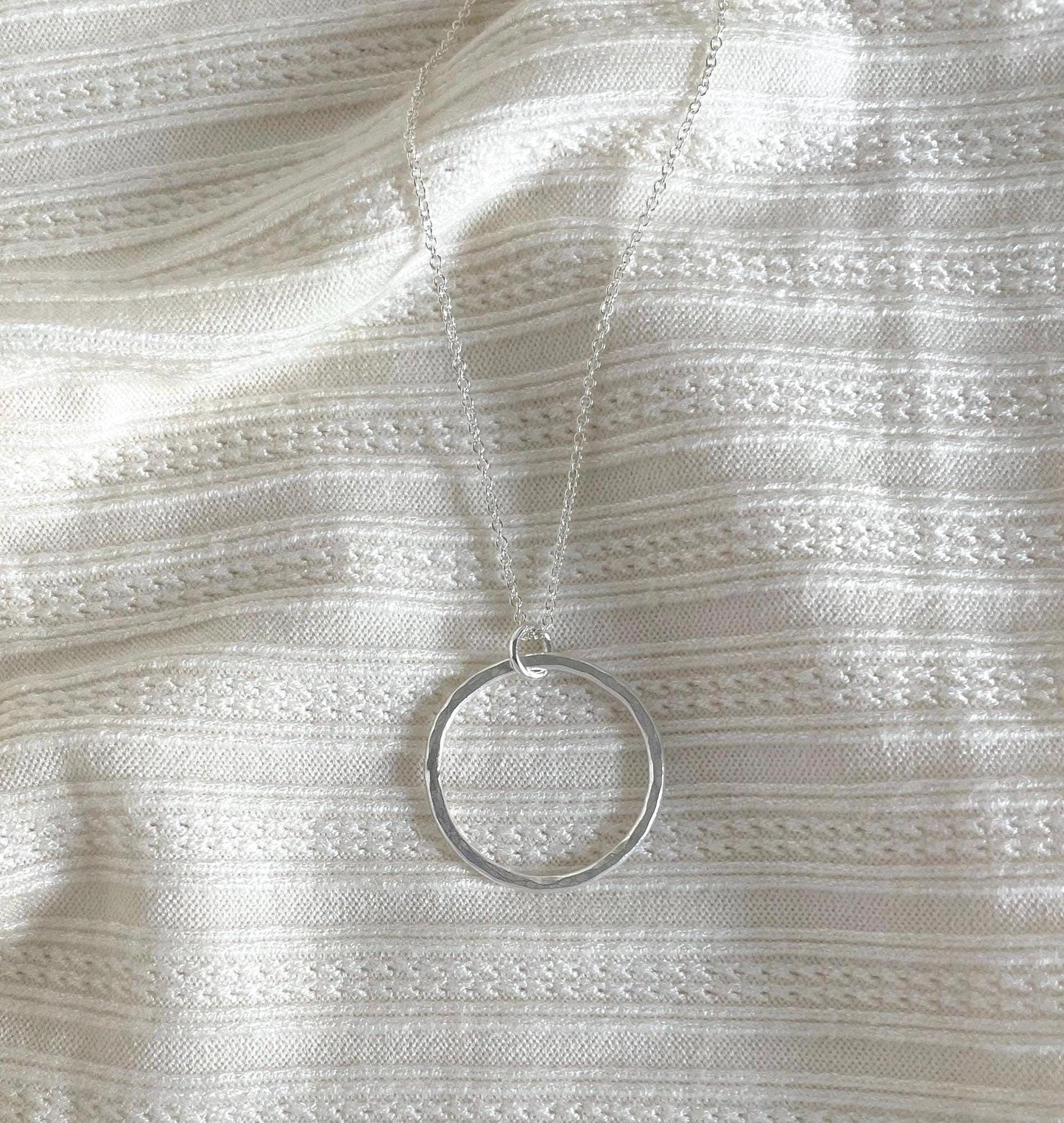Hammered Argentium Silver Circle Necklace, Tarnish Resistant Jewelry