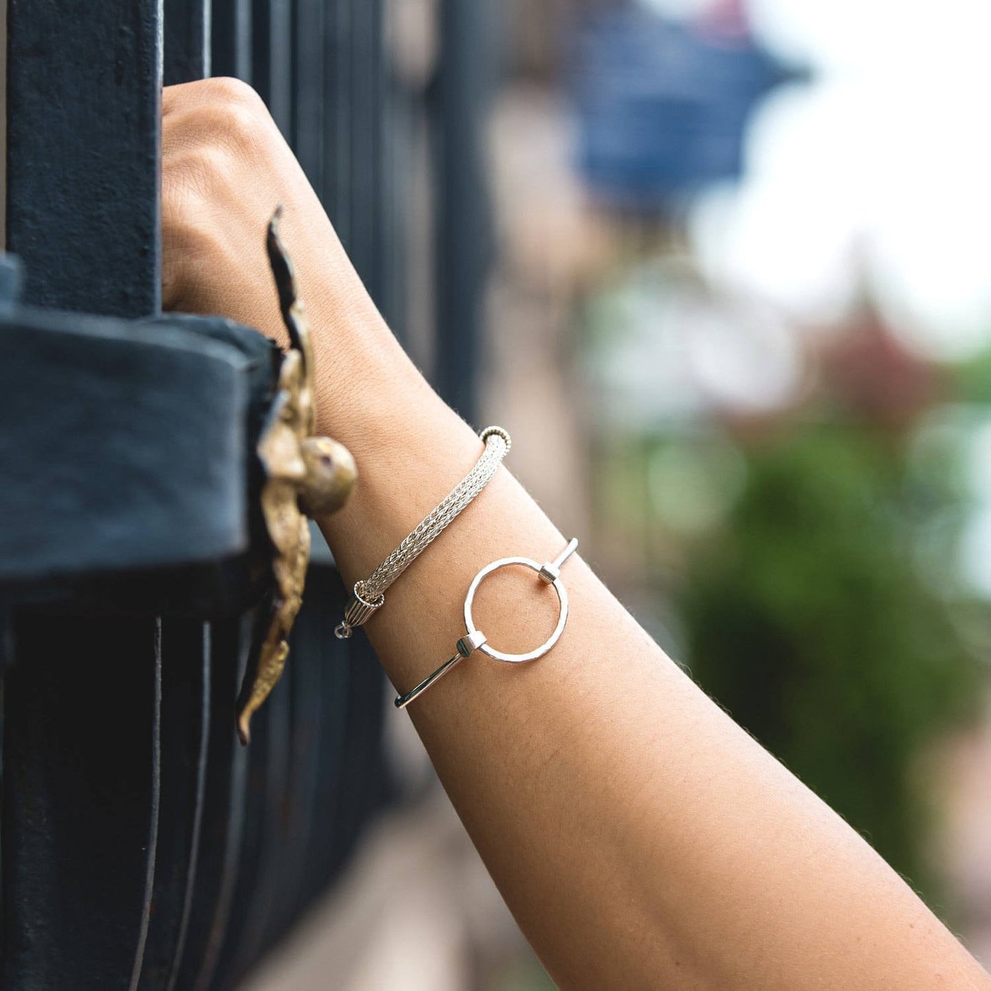 Argentium Silver Bangle Bracelet, Hammered Circle Hinge, Tarnish Resistant Hypoallergenic Jewelry