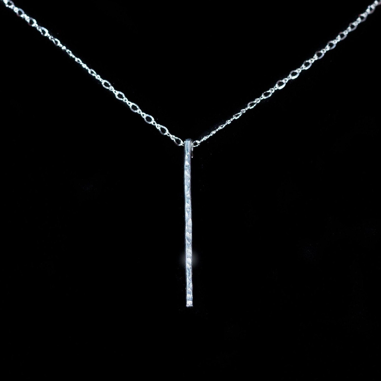 Handcrafted Argentium Silver Bar Necklace, Hammer Textured Minimalist Jewelry
