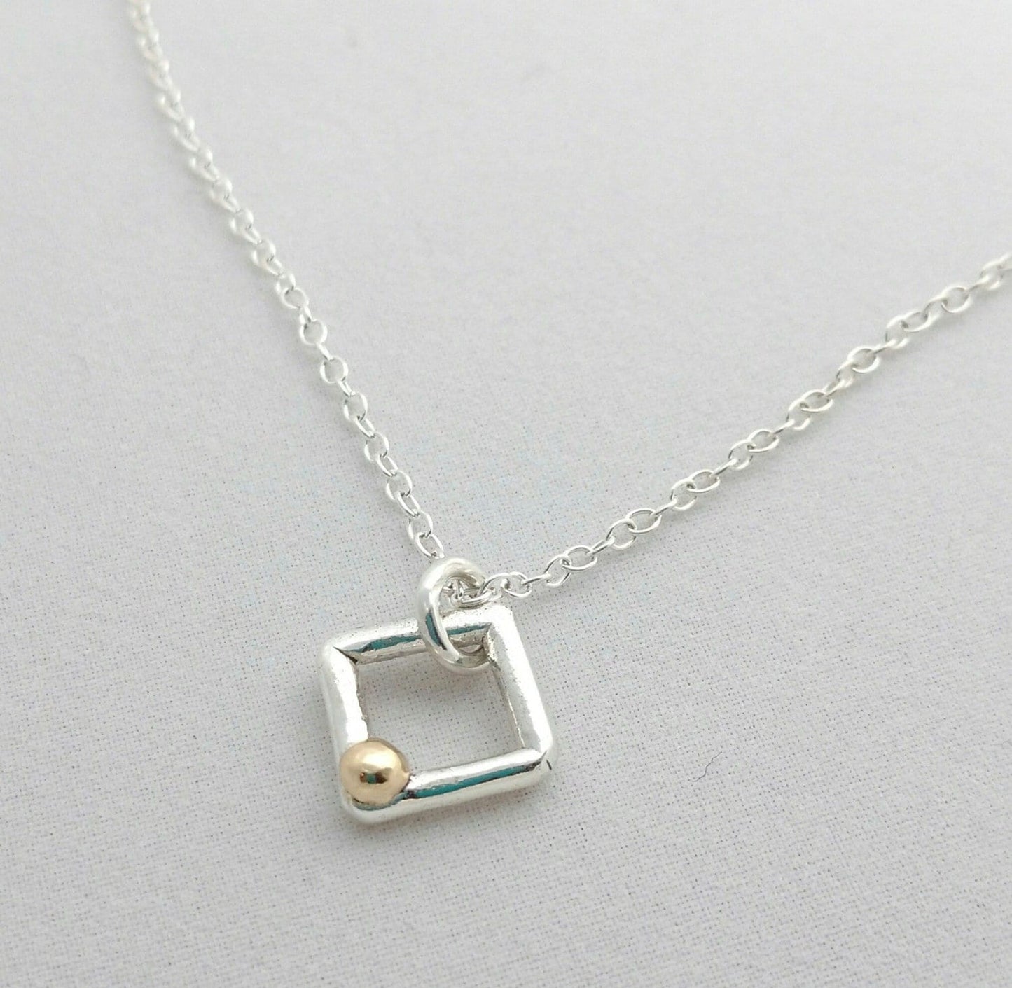 Handcrafted Argentium Silver Square Charm Necklace with Gold Ball Accent