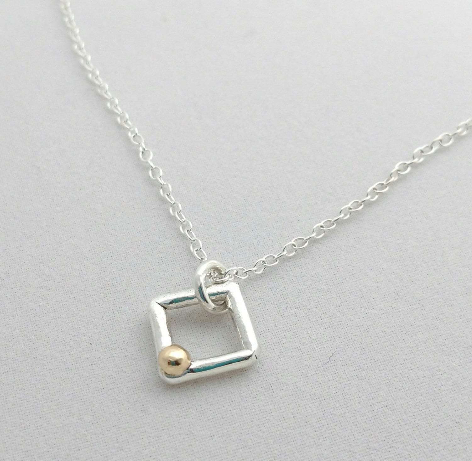 Handcrafted Argentium Silver Square Charm Necklace with Gold Ball Accent