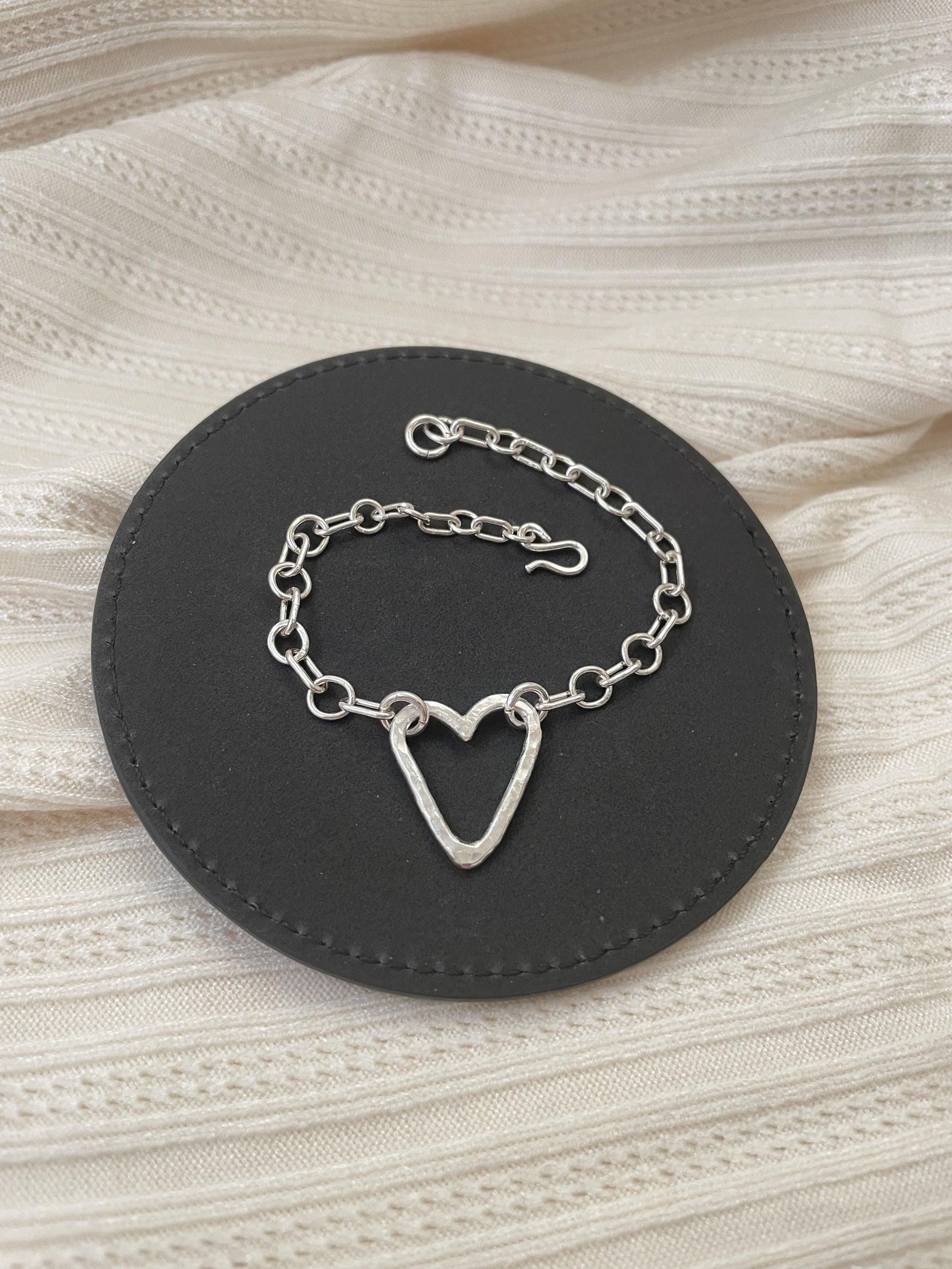 Handcrafted Argentium Silver Heart Bracelet, Hammered Texture, Artisan Jewelry