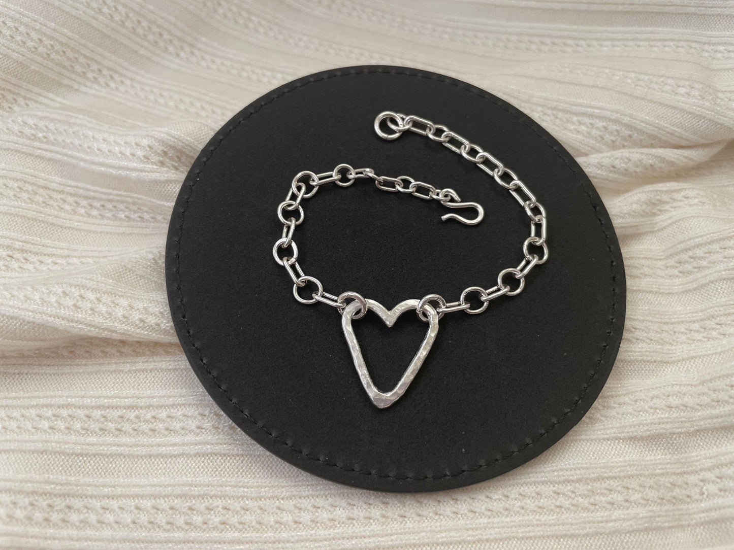 Handcrafted Tarnish Resistant and Hypoallergenic Silver Heart Bracelet, Hammered Texture, Argentium Silver Artisan Jewelry