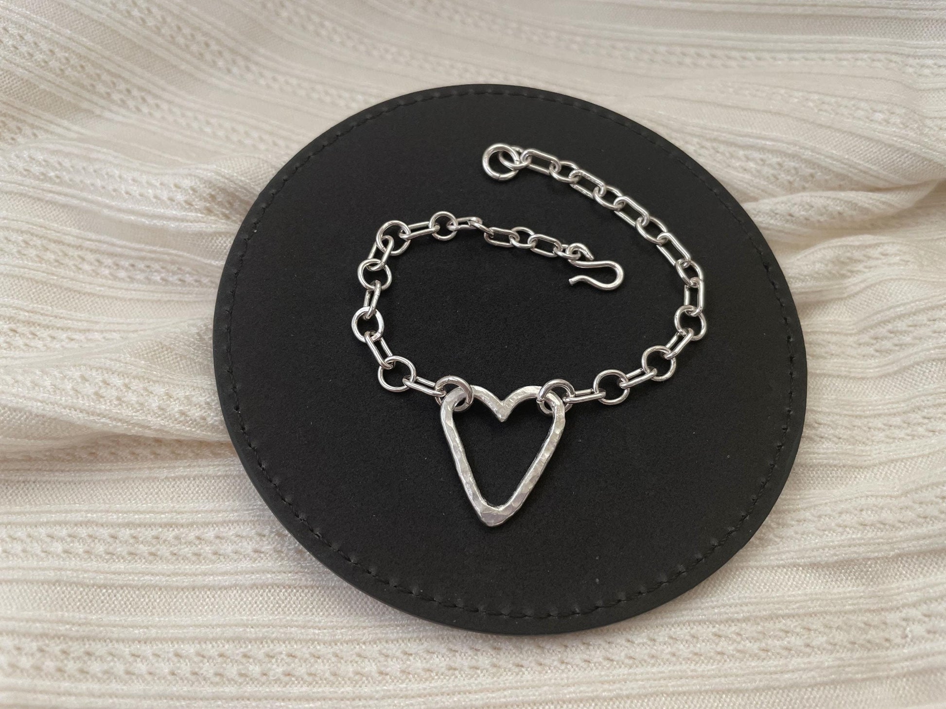 Handcrafted Argentium Silver Heart Bracelet, Hammered Texture, Artisan Jewelry