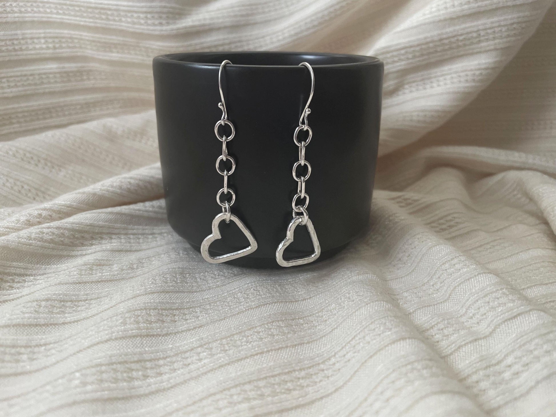 Handmade Hammered Argentium Silver Heart Earrings, Minimalist Everyday Jewelry