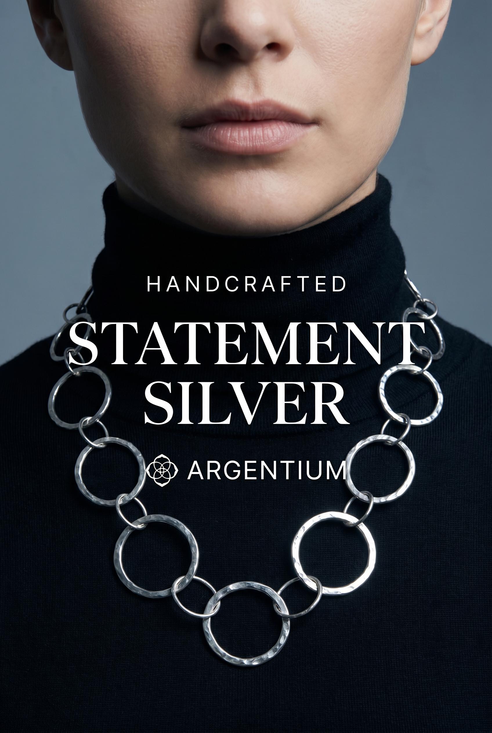 Handmade Argentium Silver Chunky Hammered Hoops Necklace, Tarnish Resistant Jewelry