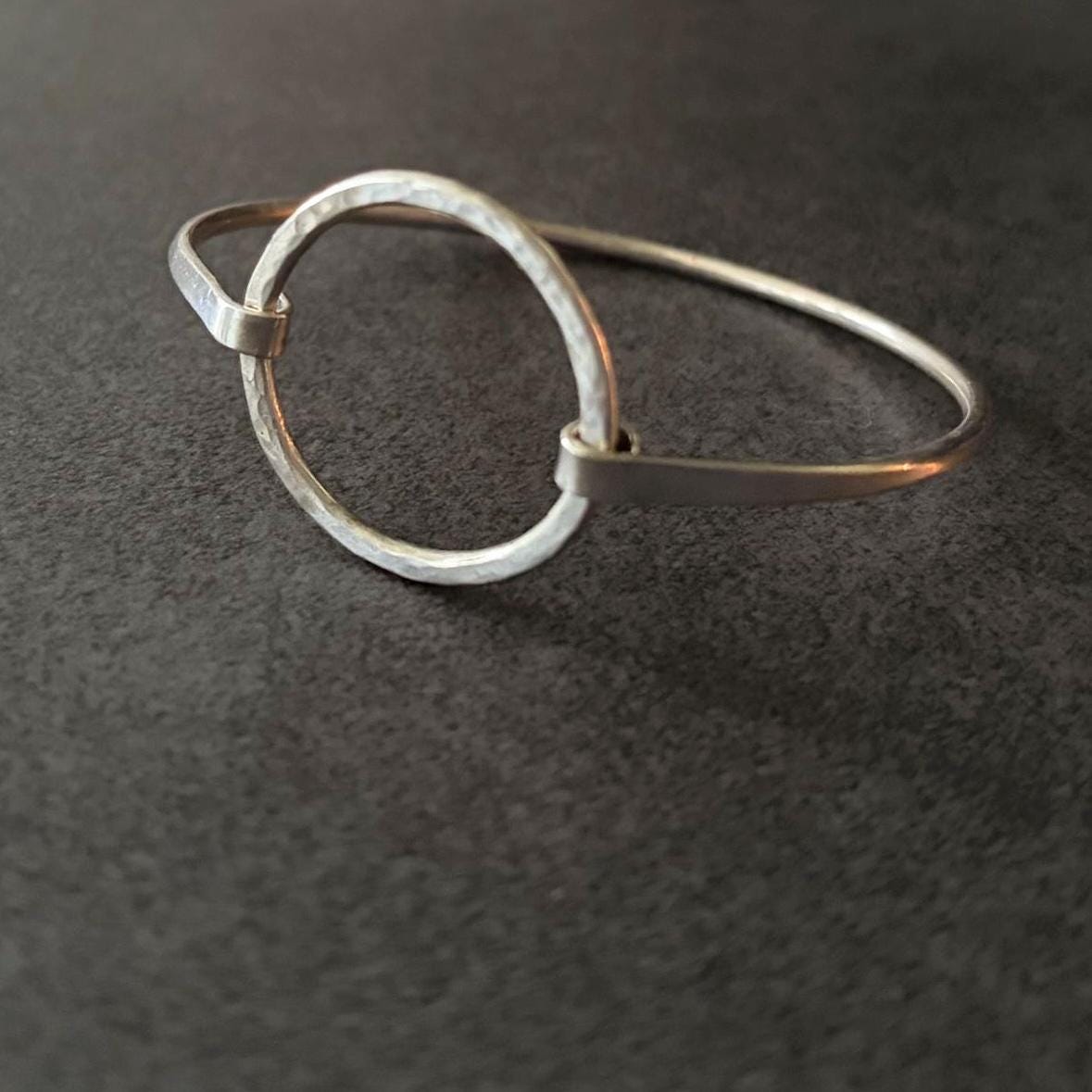 Argentium Silver Bangle Bracelet, Hammered Circle Hinge, Tarnish Resistant Hypoallergenic Jewelry