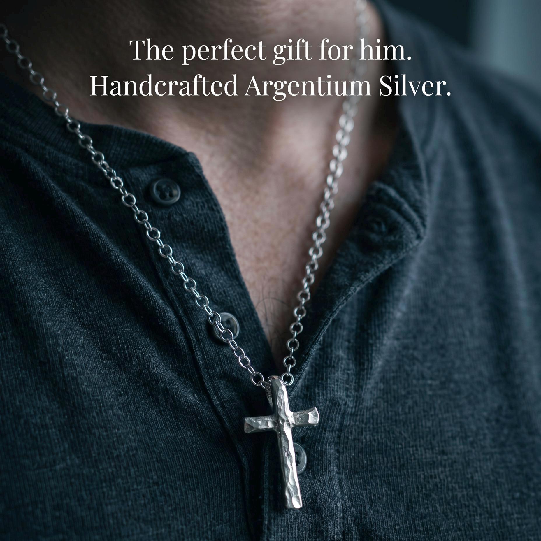 Argentium Silver Cross Necklace For Men, Hypoallergenic and Tarnish Resistant Jewelry for Dad, Modern Silver Christian Gift for Him
