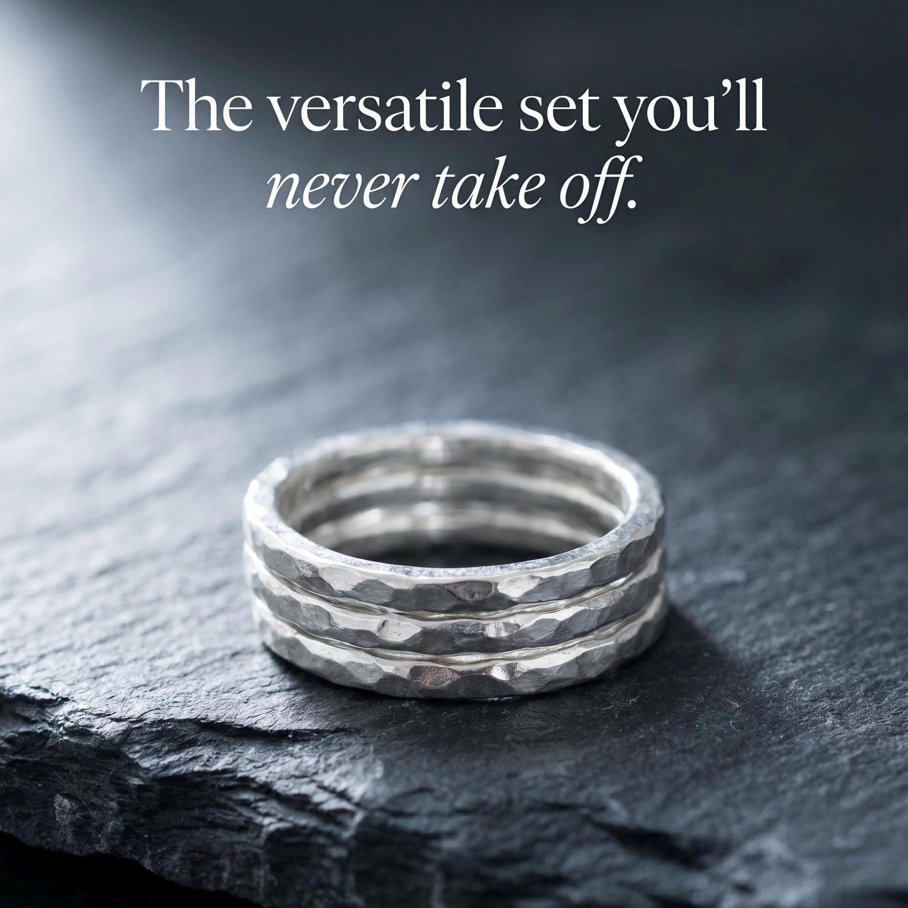 Handcrafted Hammered Argentium Silver Stacking Rings, Hypoallergenic Tarnish Resistant Set