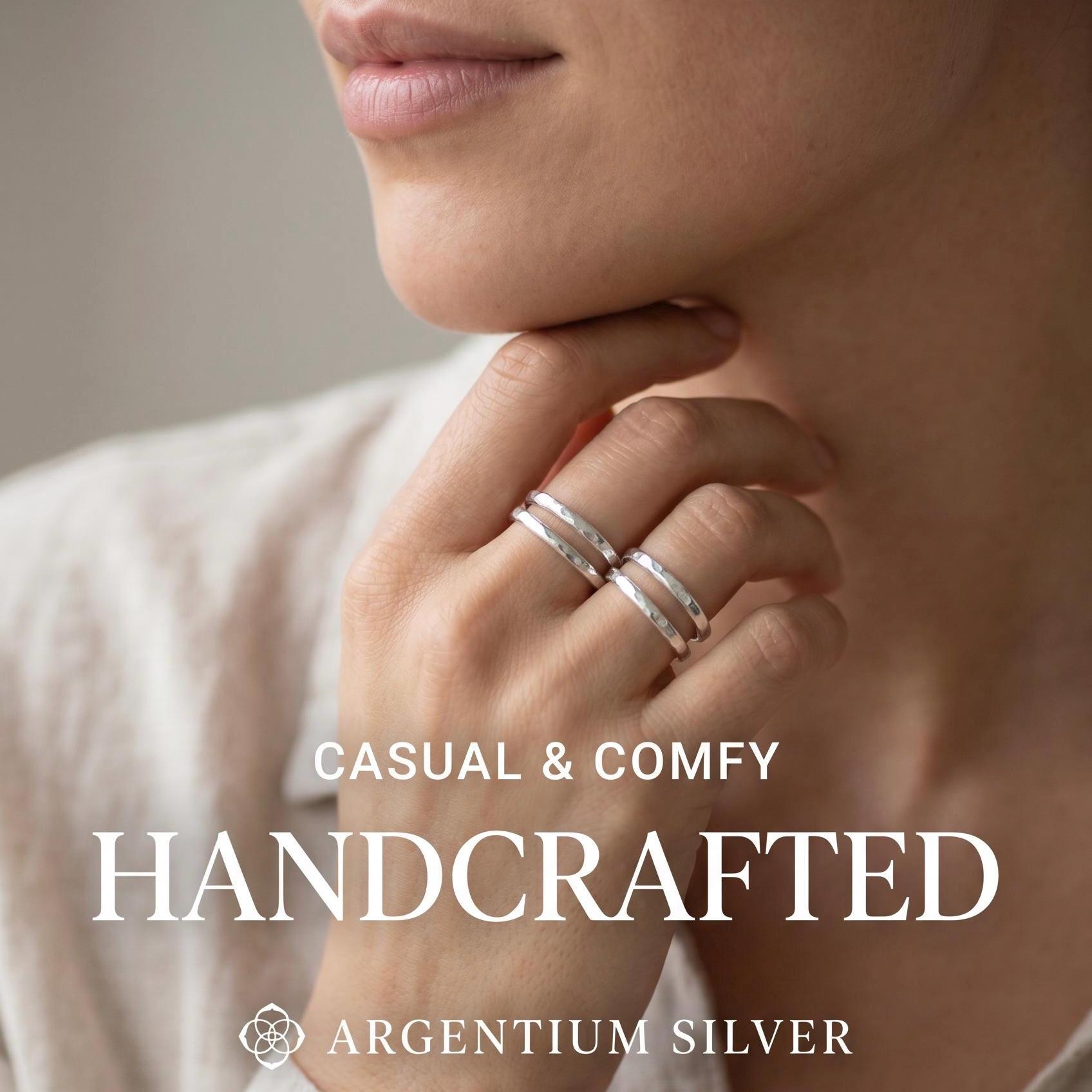 Handcrafted Hammered Argentium Silver Stacking Rings, Hypoallergenic Tarnish Resistant Set