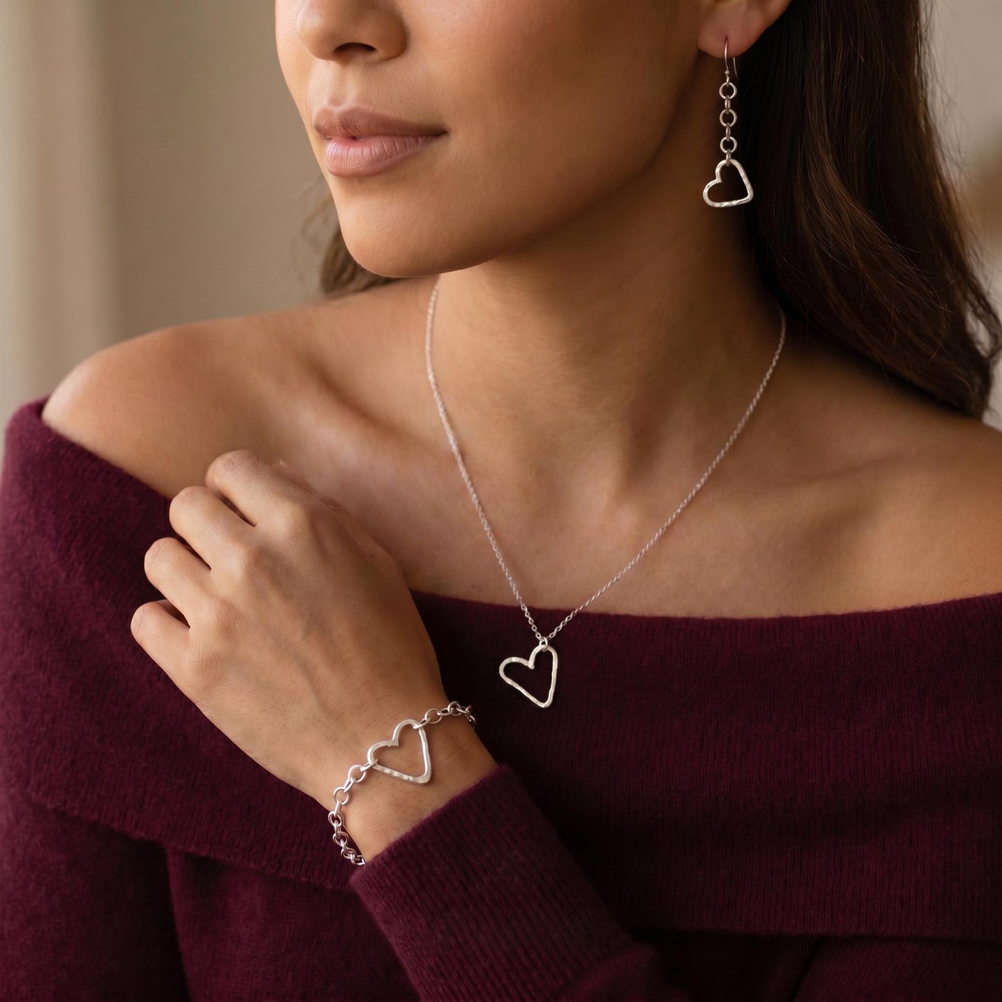 Handcrafted Hammered Argentium Silver Heart Jewelry Set, Hypoallergenic Tarnish Resistant Gifts